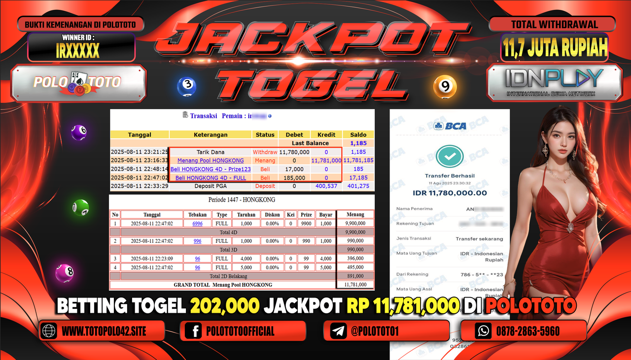 POLOTOTO JACKPOT TOGEL HONGKONG LOTTO Rp.11.700.000,-LUNAS