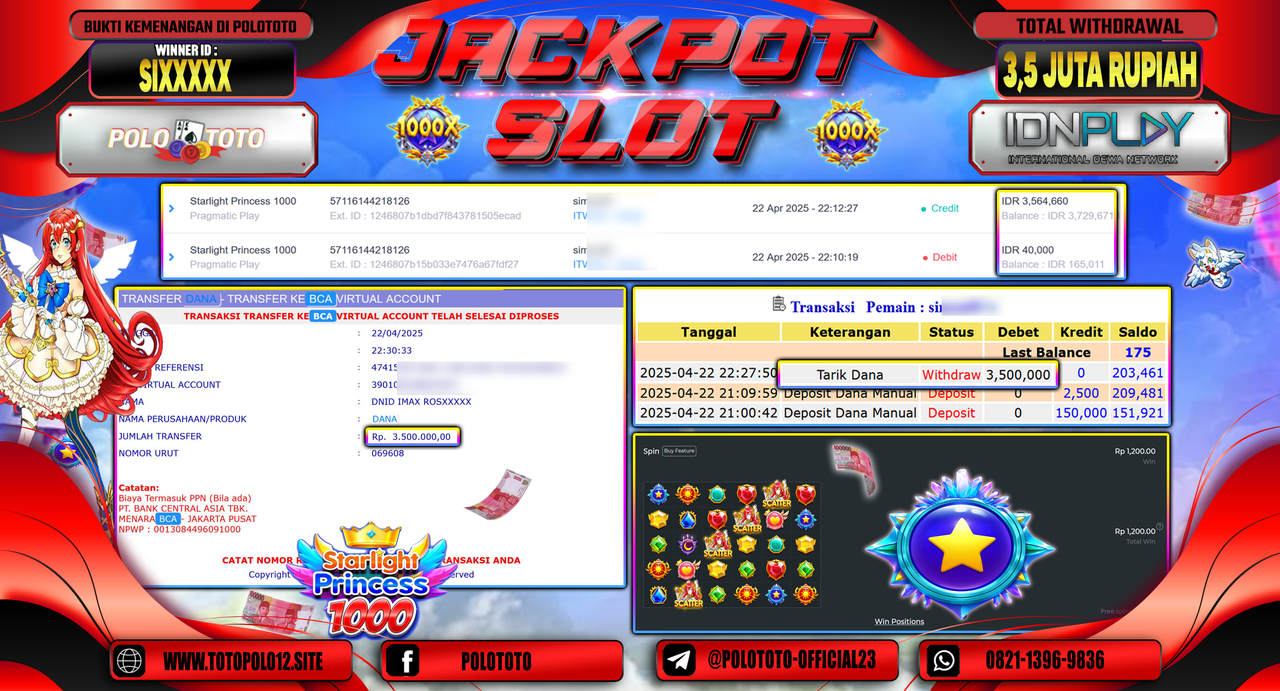 POLOTOTO JACKPOT SLOT STARLIGHT PRINCESS 1000 Rp.3.500.000,-
