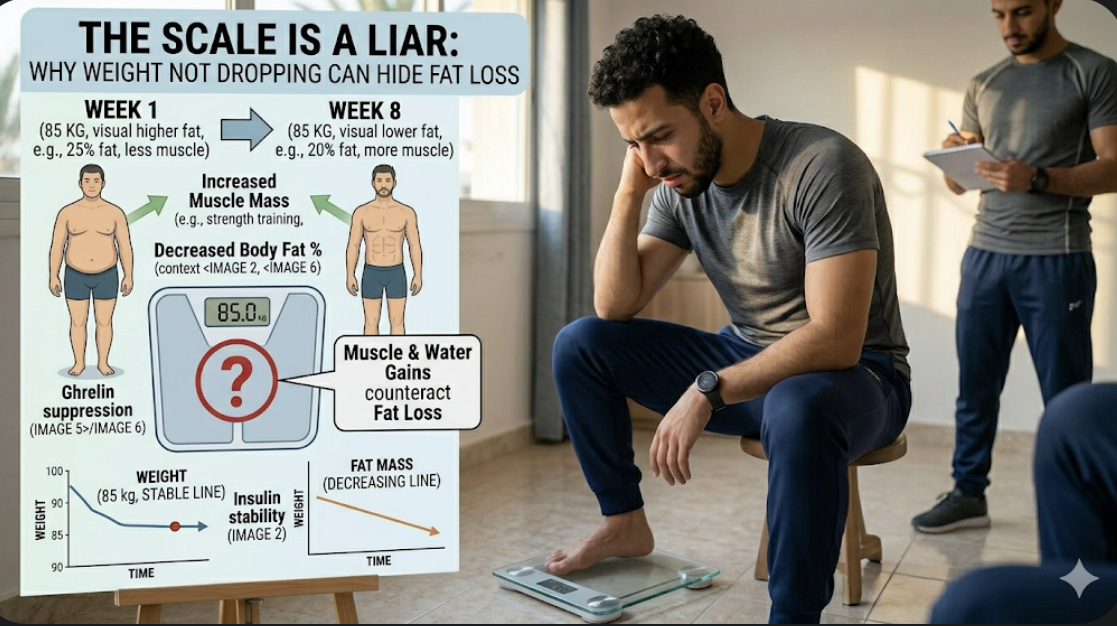 Person looking determined while holding a measuring tape, illustrating why weight not dropping can hide fat loss
