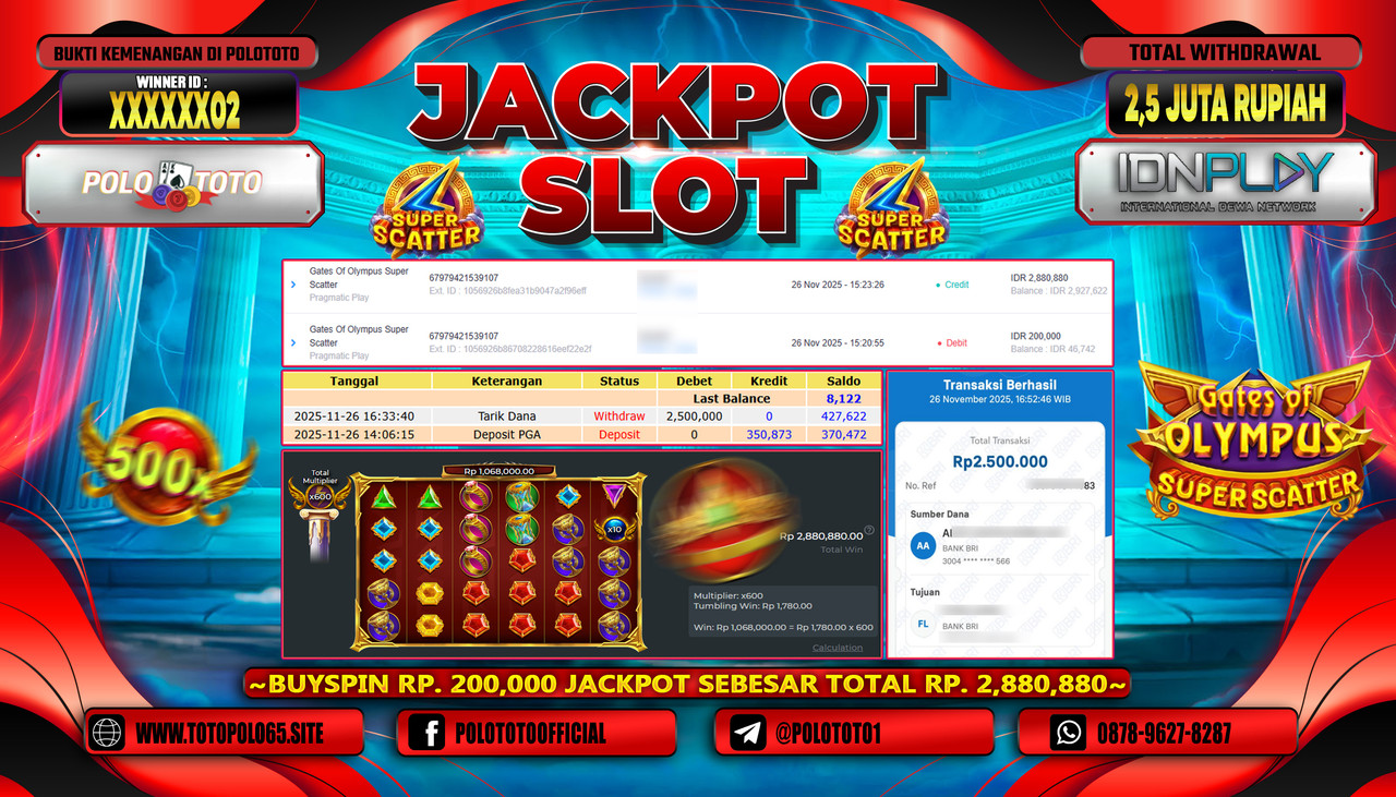 POLOTOTO JACKPOT SLOT GATES OF OLYMPUS SUPER SCATTER Rp.2.500.000,- LUNAS