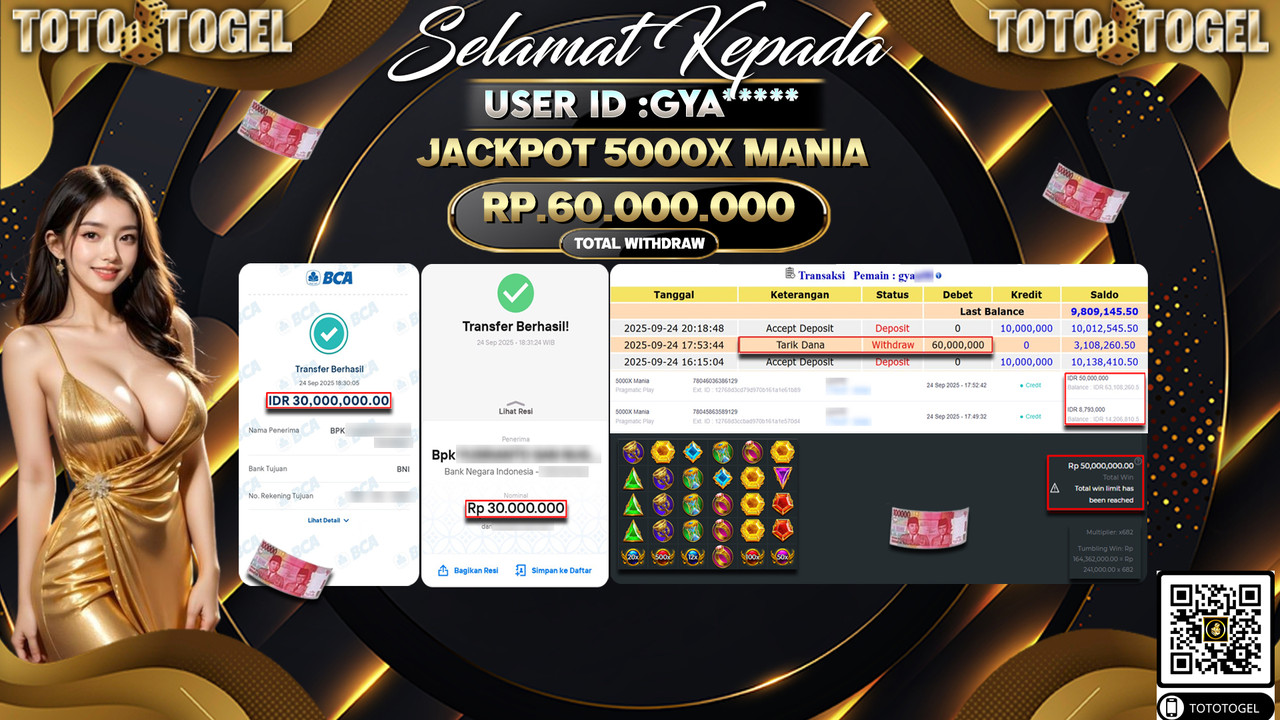 Bukti Pembayaran Jackpot Permainan Slot 5000X Mania ID:GYA*** LUNAS