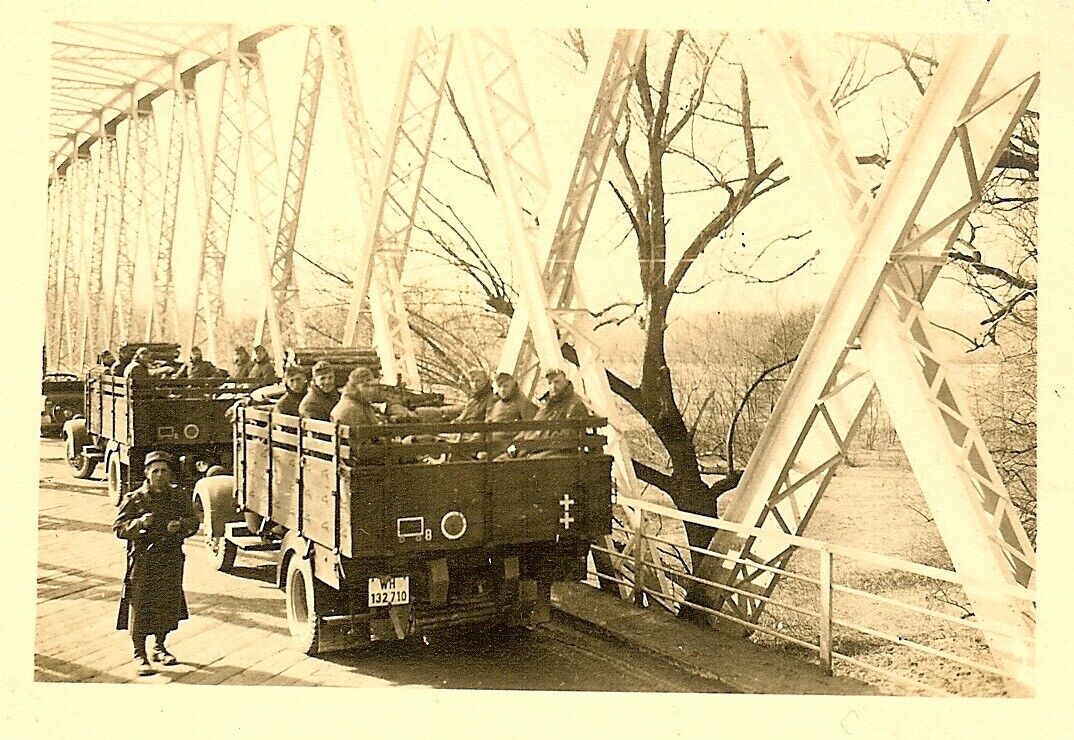 GREAT! Wehrmacht Unit Marked Lkw Trucks (WH-132710) Loaded w- Troops on Bridge!