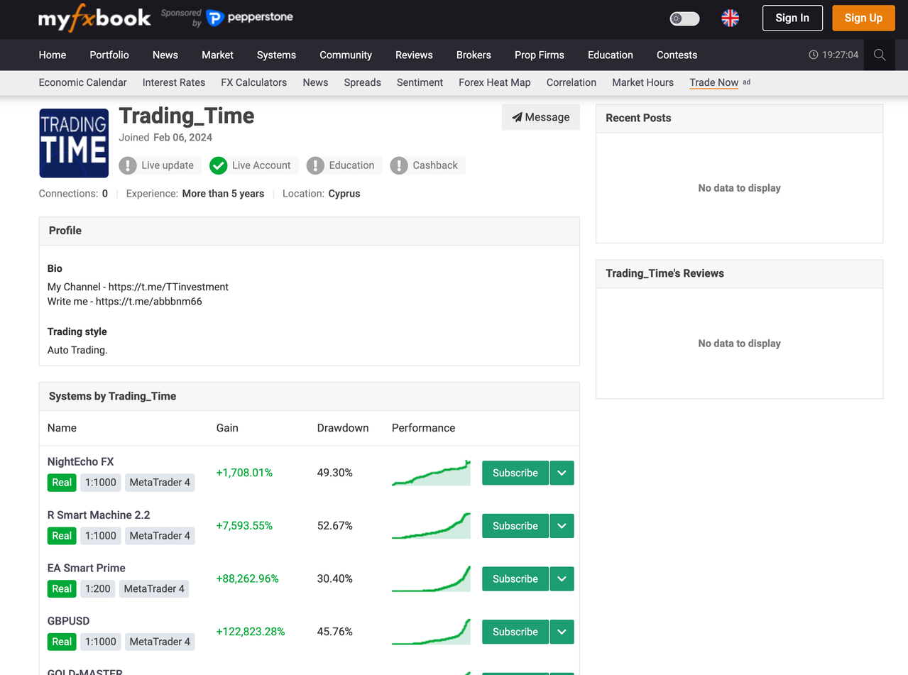 статистика работы робота Trading Time на Myfxbook