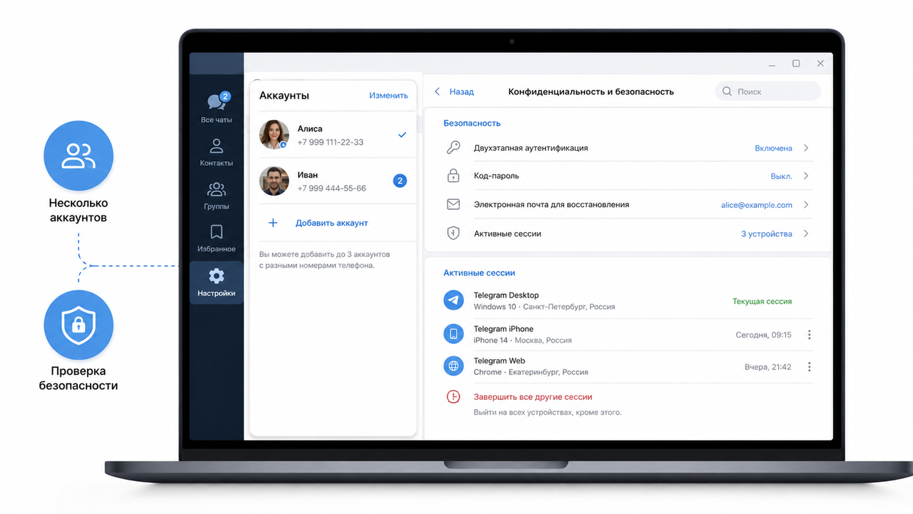 Проверка активных сеансов и настроек безопасности Telegram