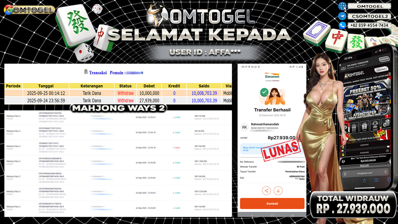 OMTOGEL JACKPOT PGSOFT MAHJONG WAYS 2 27 JUTA DI BAYAR LUNAS ,-
