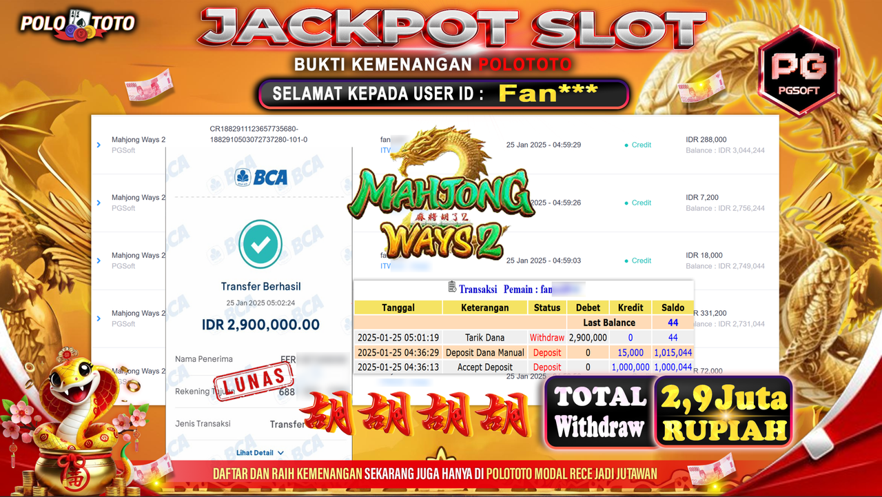 POLOTOTO JACKPOT SLOT MAHJONG WAYS 2 Rp.2,900.000,- 