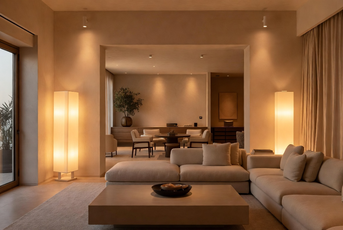 Secondary bedroom concept with focused mood lighting.
