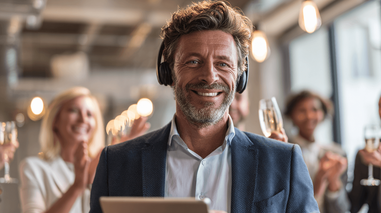 Мужчина в деловом костюме слушает персональную песню в наушниках на фоне корпоративного праздника. Пример современного цифрового подарка для руководителя