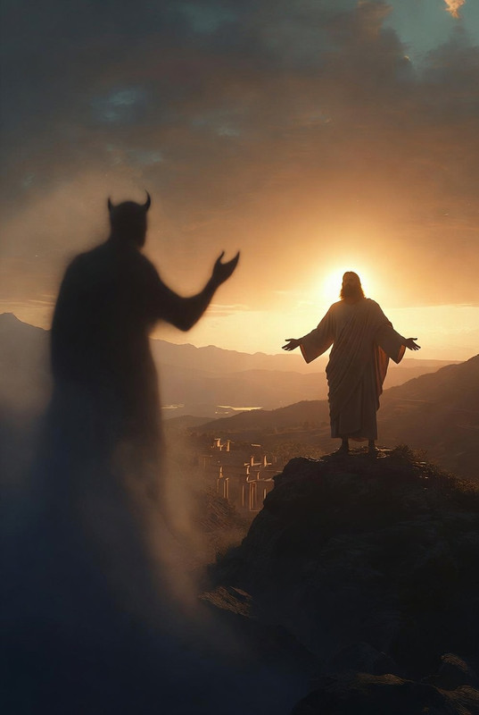 Dramatic biblical scene of Jesus standing on a mountain overlooking ancient kingdoms at sunset, with a shadowy demonic figure below offering authority — representing the temptation in Luke 4