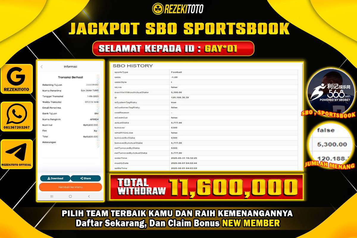 BUKTI KEMENANGAN 01 JUNI 2025 SBO SPORTSBOOK WD  11 JUTA 