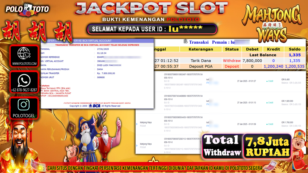 POLOTOTO JACKPOT SLOT MAHJONG WAYS Rp.7,800.000,-
