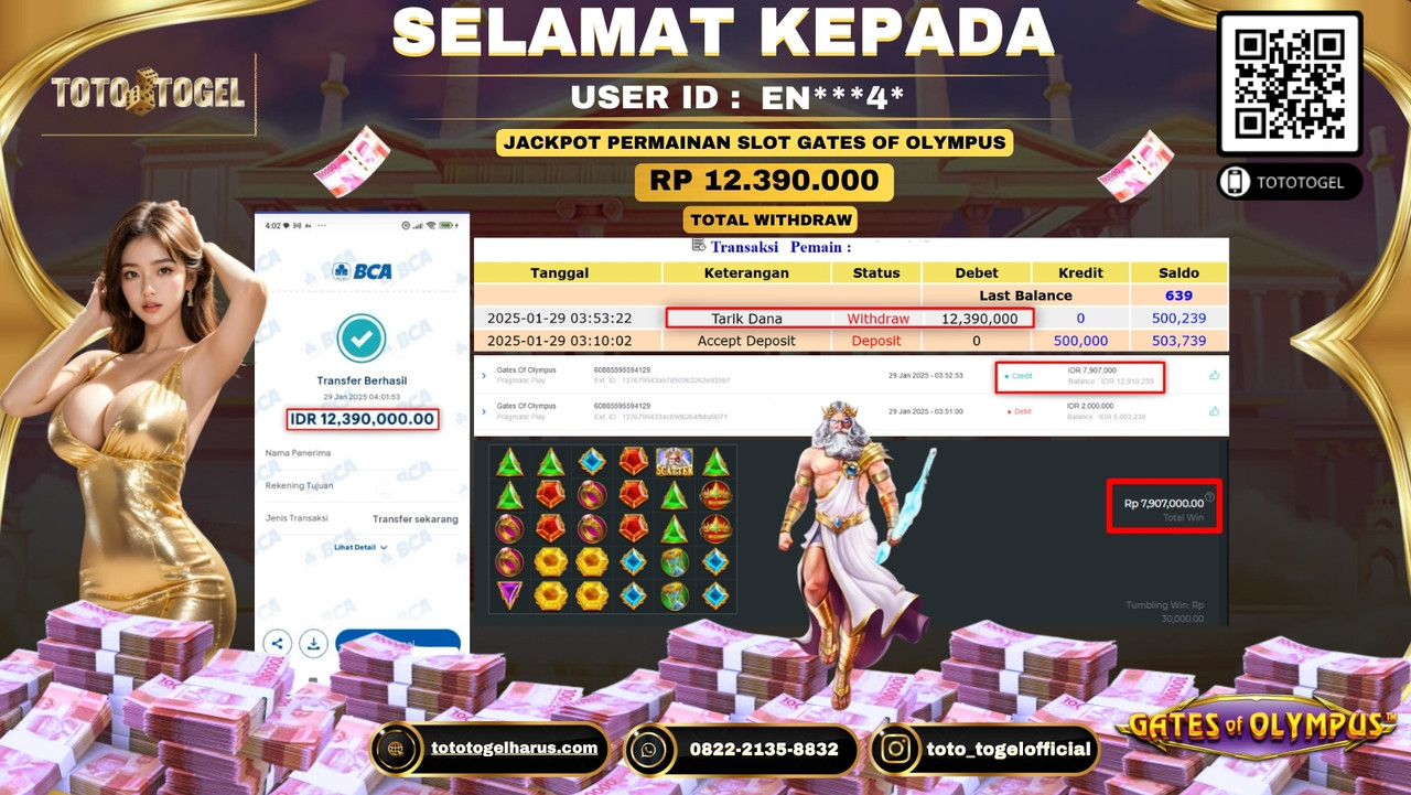 Bukti Pembayaran Jackpot  Permainan Slot Gates Of Olympus  ID:EN****4* LUNAS