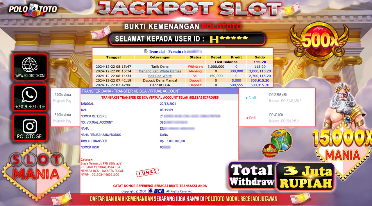 POLOTOTO JACKPOT SLOT 15.000x MANIA Rp.3,000.000,-