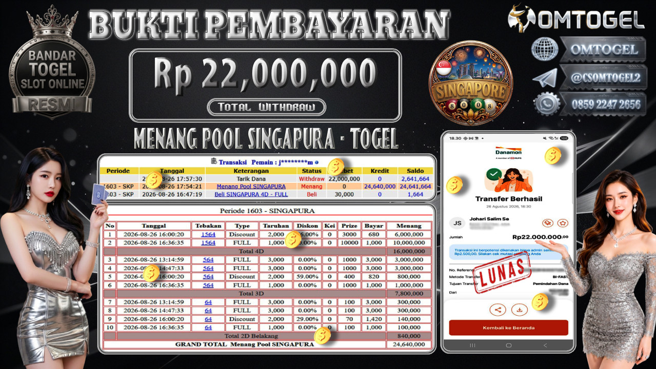 OMTOGEL JACKPOT MENANG POOL SINGAPURA Rp,22,000,000,- DIBAYAR LUNAS