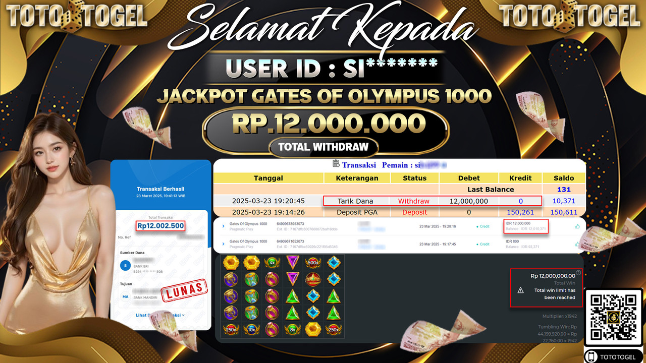 Bukti Pembayaran Jackpot  Permainan Slot Gates Of Olympus 1000 ID:SI**** LUNAS