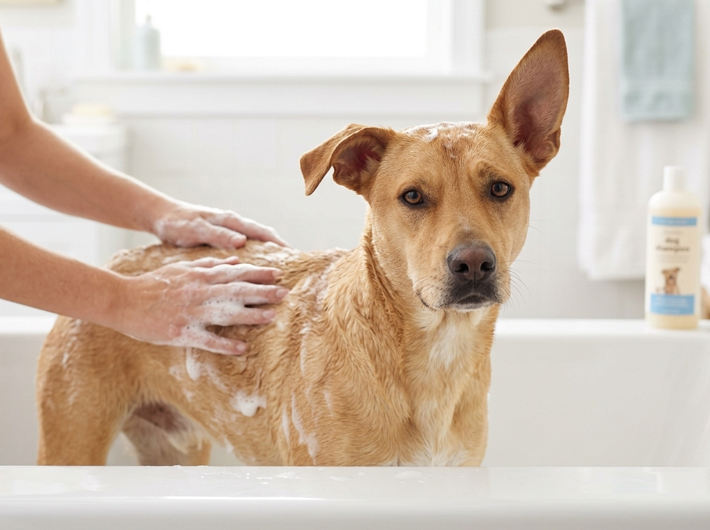 Cachorro tomando banho em casa com cuidado e tranquilidade