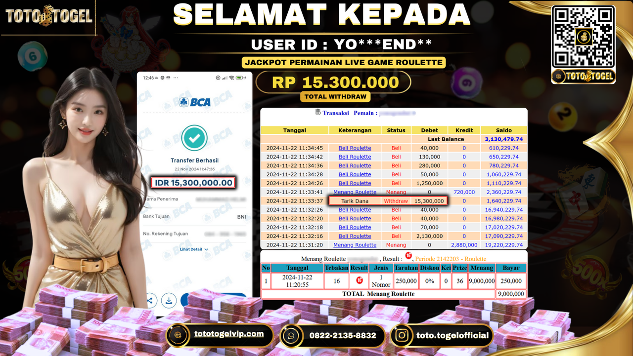 Bukti Pembayaran Jackpot Permainan Live Game Roulette  ID: YO***END** LUNAS 