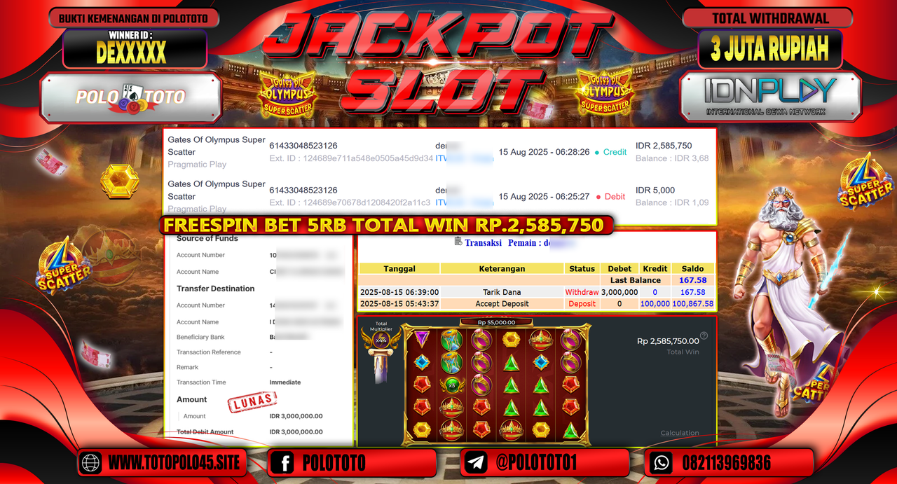 POLOTOTO JACKPOT SLOT GATES OF OLYMPUS SUPER SCATTER Rp.3.000.000,-LUNAS