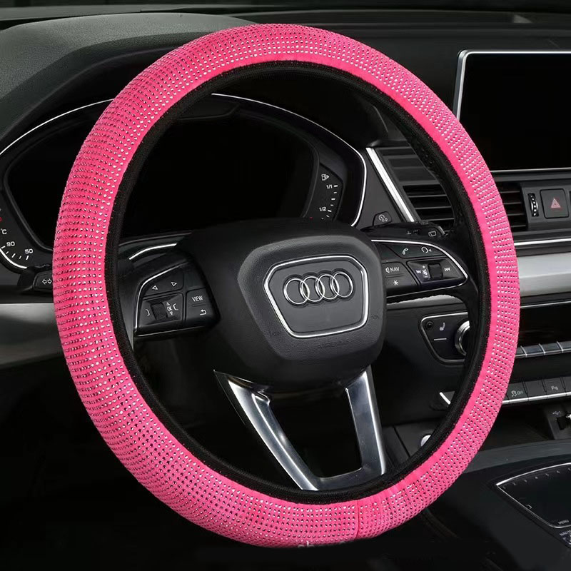 Rose red Crystal Rhinestone Steering Wheel Cover – Elastic Stretch Design with Full Diamond Embellishment