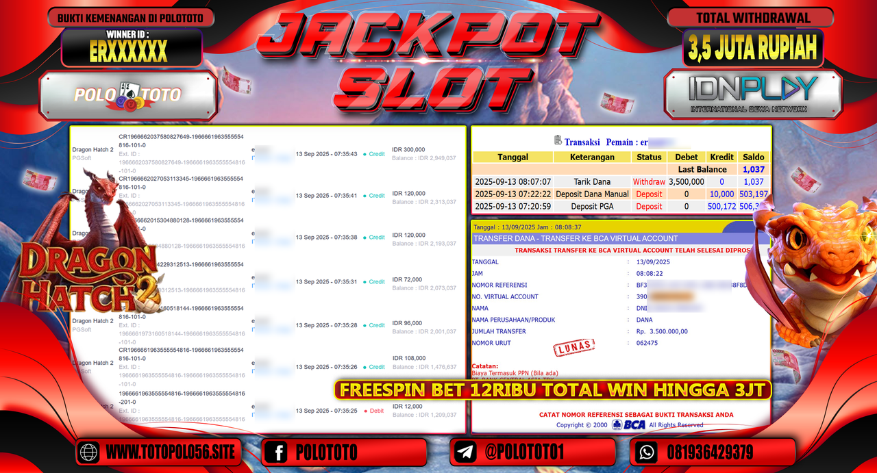 POLOTOTO JACKPOT SLOT DRAGON HATCH 2 Rp.3.500.000,-