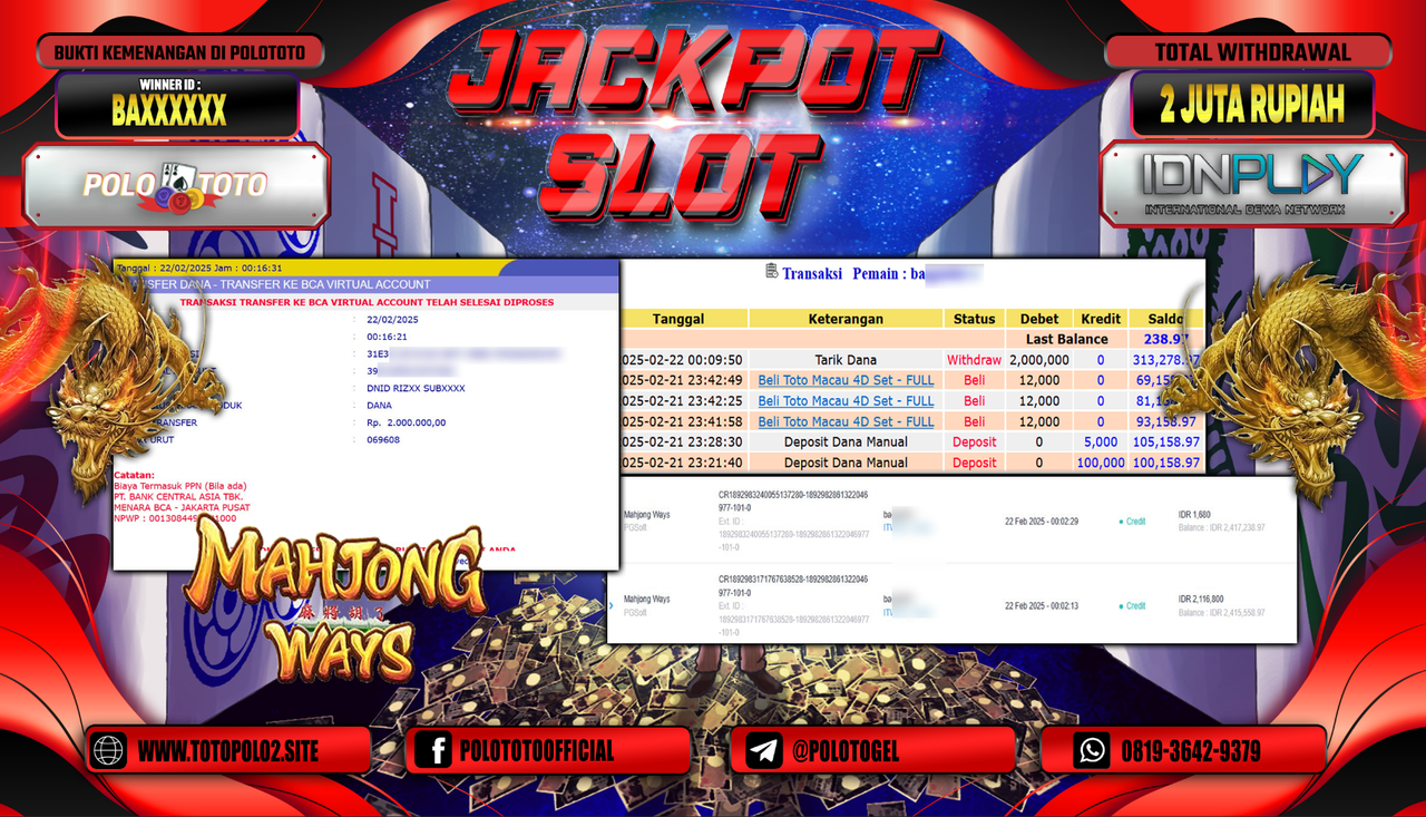 POLOTOTO JACKPOT SLOT MAHJONG WAYS Rp.2.000.000,-