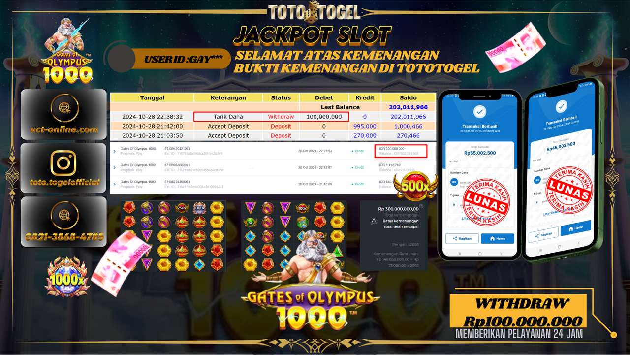 Bukti Pembayaran Permainan  Jackpot Slot Gates Of Olympus 1000 ID : GAY*** LUNAS