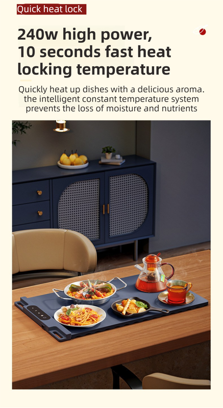 Blue 65x38CM Roll-Up Food Warming Silicone Mat with Precise Temprature Control & 240W High Power - Waterproof and Oilproof Thermal Table Pad