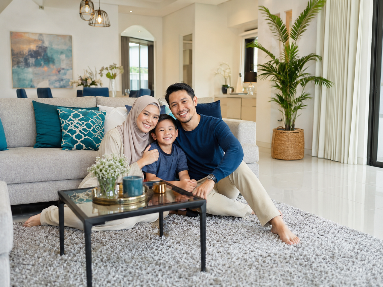 Happy family relaxing in clean home after cleaning