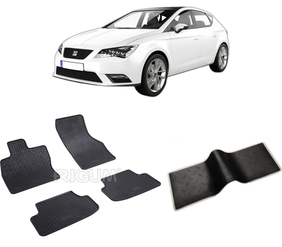 Set covorase auto SEAT LEON III 5F din 11.2012-02.2020, cu covoras tunel median, CAROSERIE HATCHBACK, Presuri cauciuc 100%, compatibil cu autoturismul SEAT LEON III 5F, Rigum