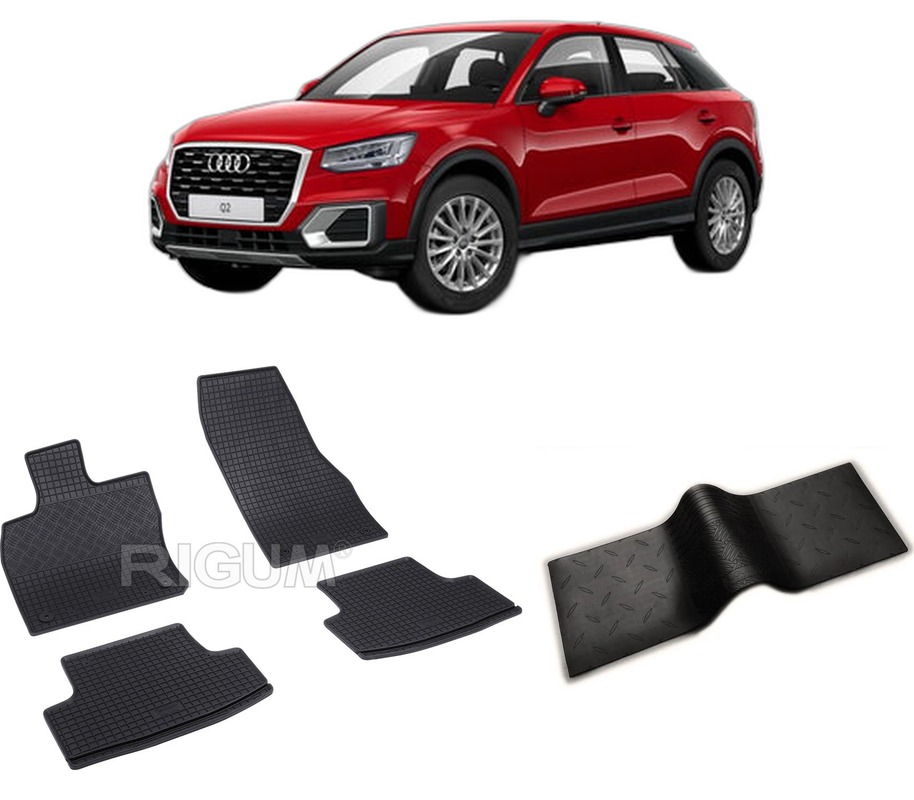 Set covorase auto AUDI Q2 din 10.2016-PREZENT, cu covoras tunel median, CAROSERIE SUV, Presuri cauciuc 100%, compatibil cu autoturismul AUDI Q2, Rigum