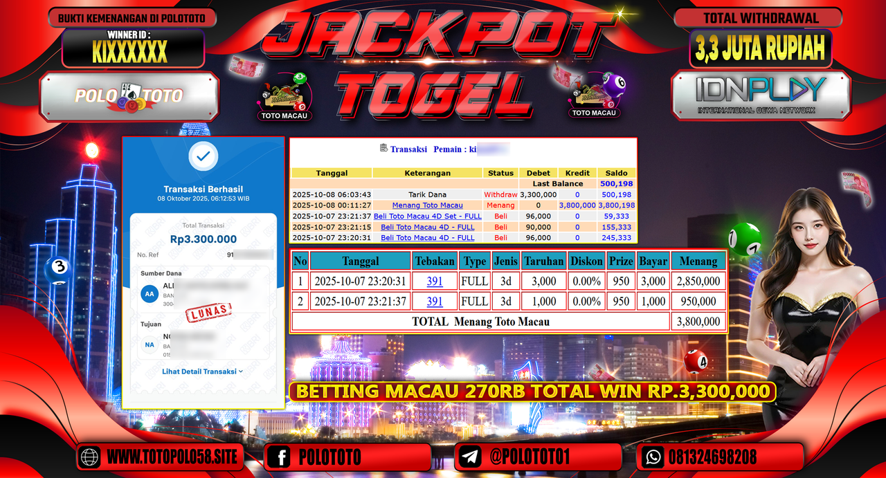 POLOTOTO JACKPOT TOGEL MENANG TOTO MACAU Rp.3.300.000,- LUNAS