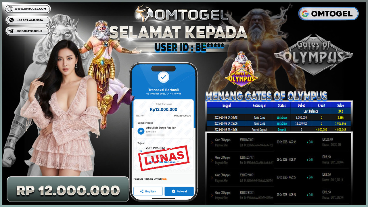 OMTOGEL JACKPOT PRAGMATIC PLAY GATES OF OLYMPUS 12 JUTA DI BAYAR LUNAS ,-