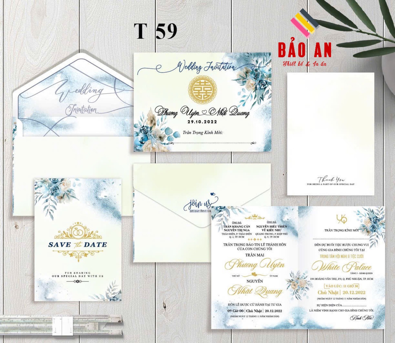 Thiệp chữ hỷ vàng tone xanh trắng pastel (T59)