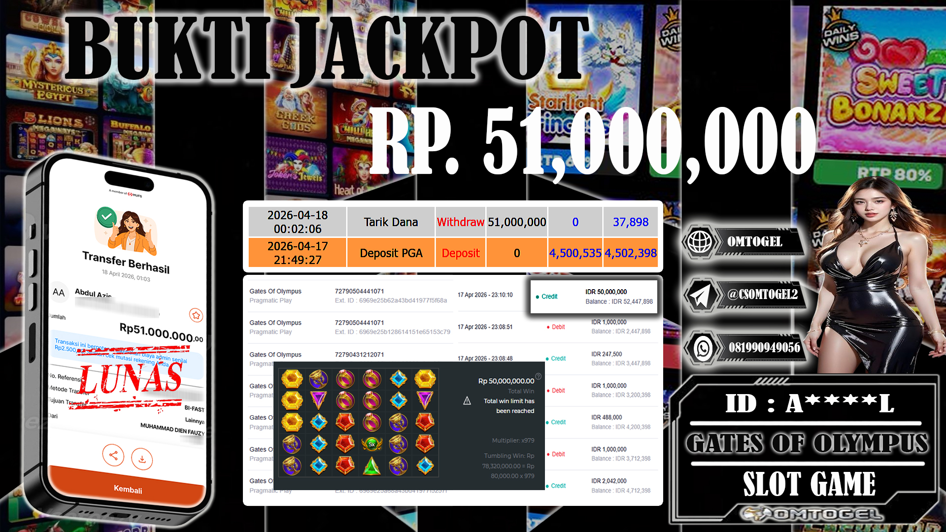 OMTOGEL JACKPOT PRAGMATIC PLAY GATES OF OLYMPUS , 51JUTA DI BAYAR LUNAS ,-