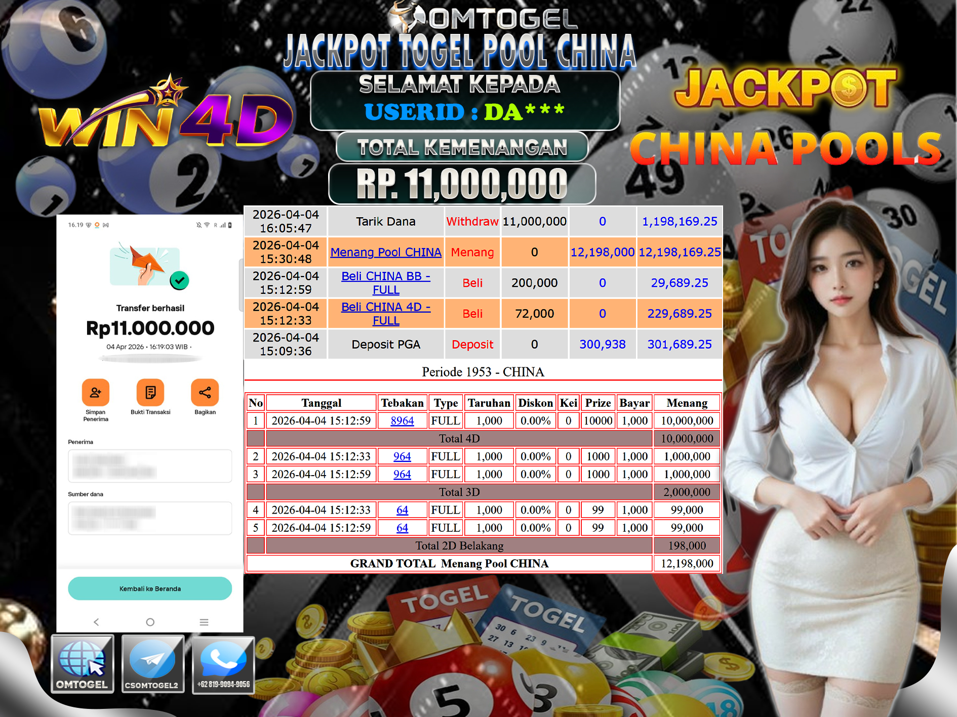 OMTOGEL JACKPOT TOGEL CHINA 4D 3D 2D , 11 JUTA DI BAYAR LUNAS ,-