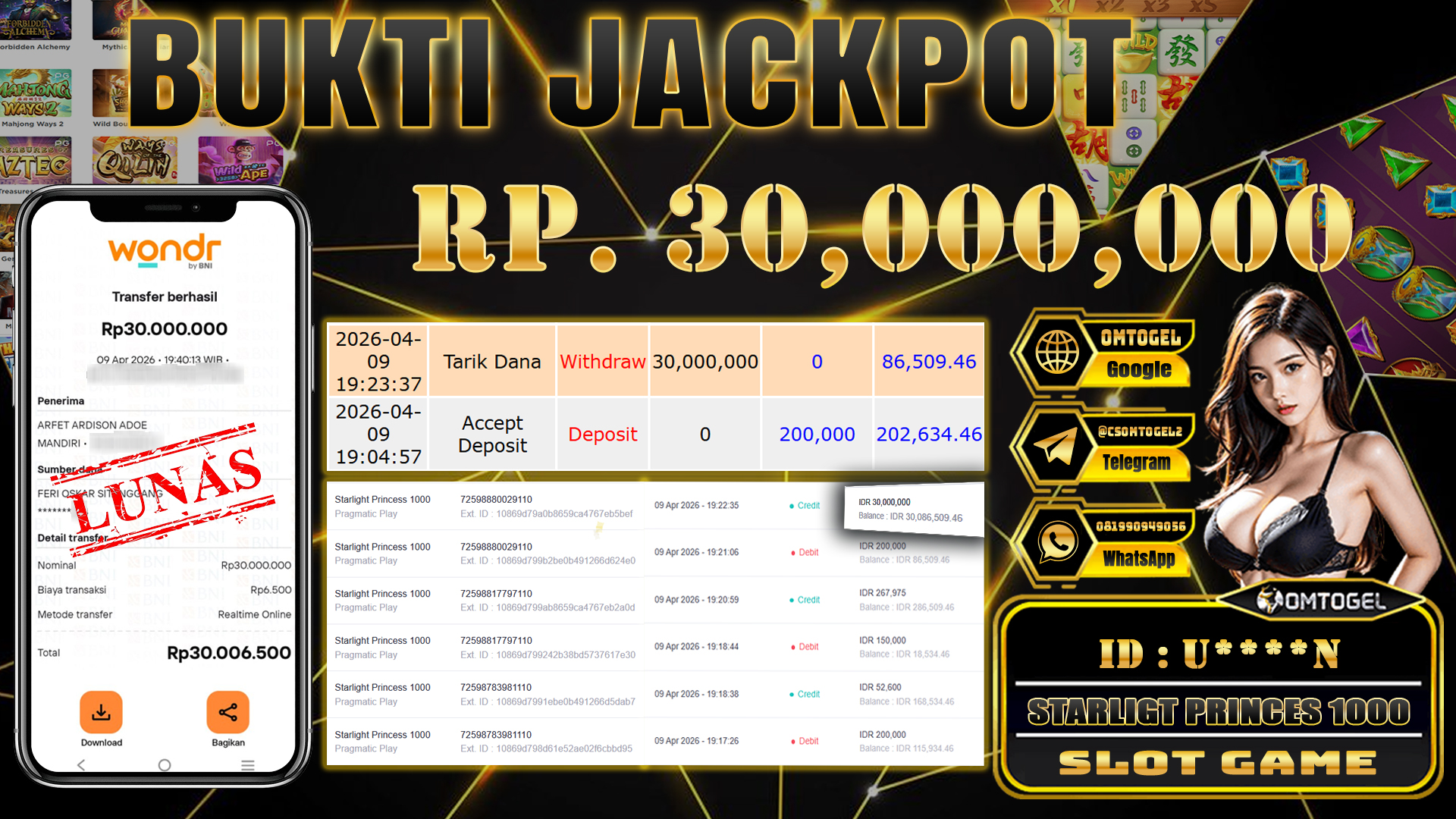 OMTOGEL JACKPOT PRAGMATIC PLAY STARLIGTH PRINCESS 1000 , 30 JUTA DI BAYAR LUNAS ,-