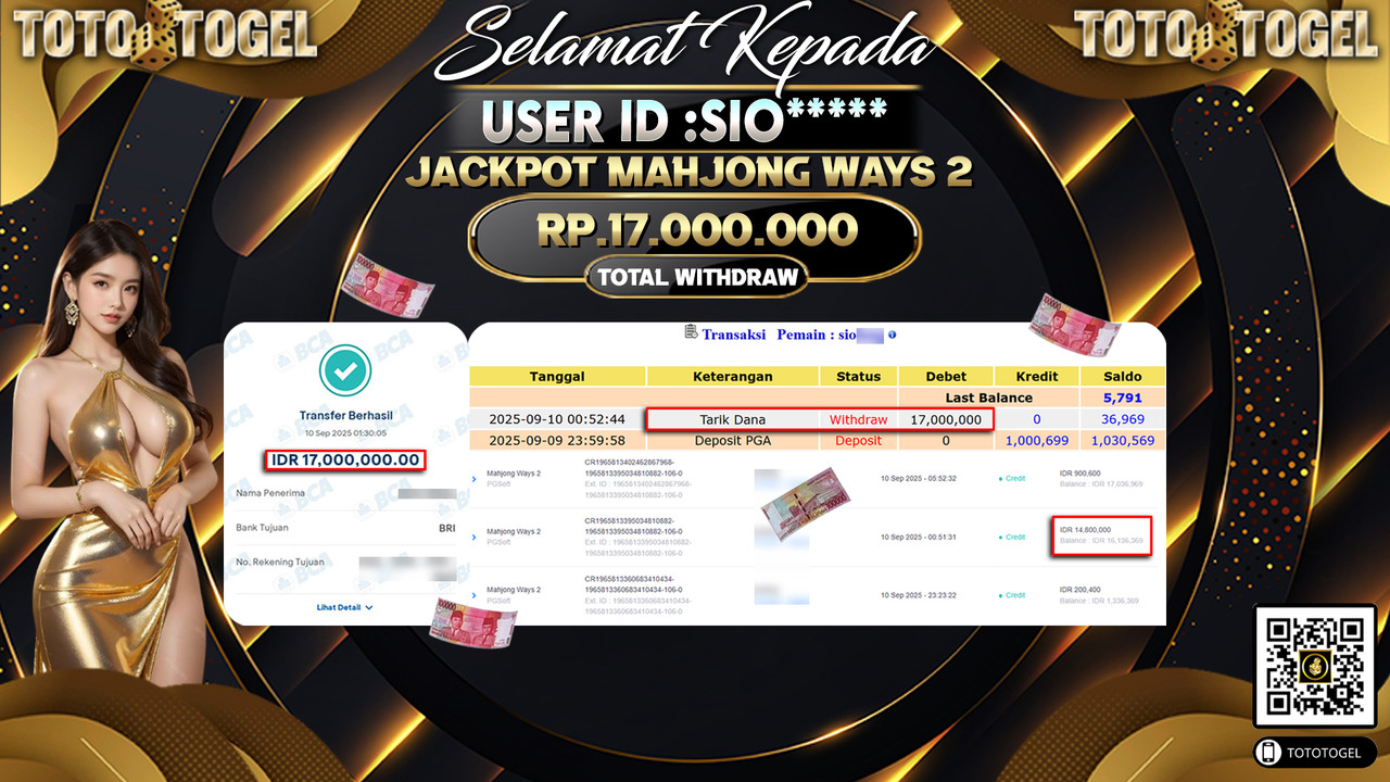 Bukti Pembayaran Jackpot Permainan Slot Mahjong Ways 2 ID:SIO***** LUNAS