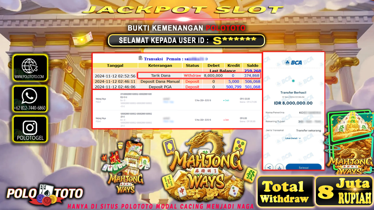 POLOTOTO JACKPOT SLOT MAHJONG WAYS Rp.8.000.000,- 