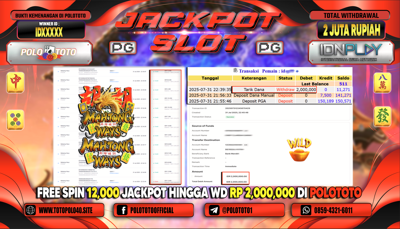 POLOTOTO JACKPOT SLOT MAHJONG WAYS 2 Rp.2.000.000,-LUNAS
