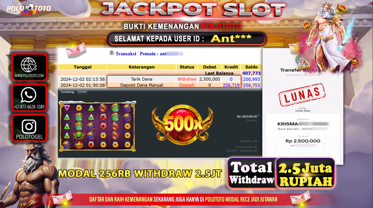 POLOTOTO JACKPOT SLOT GATES OF OLYMPUS Rp.2,500.000,-