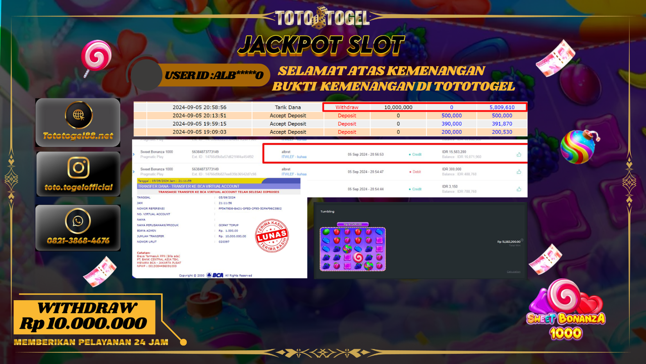Bukti Kemenangan Permainan Slot Sweet Bonanza 1000 Dengan ID : ALB****0 Terbayar Lunas!!