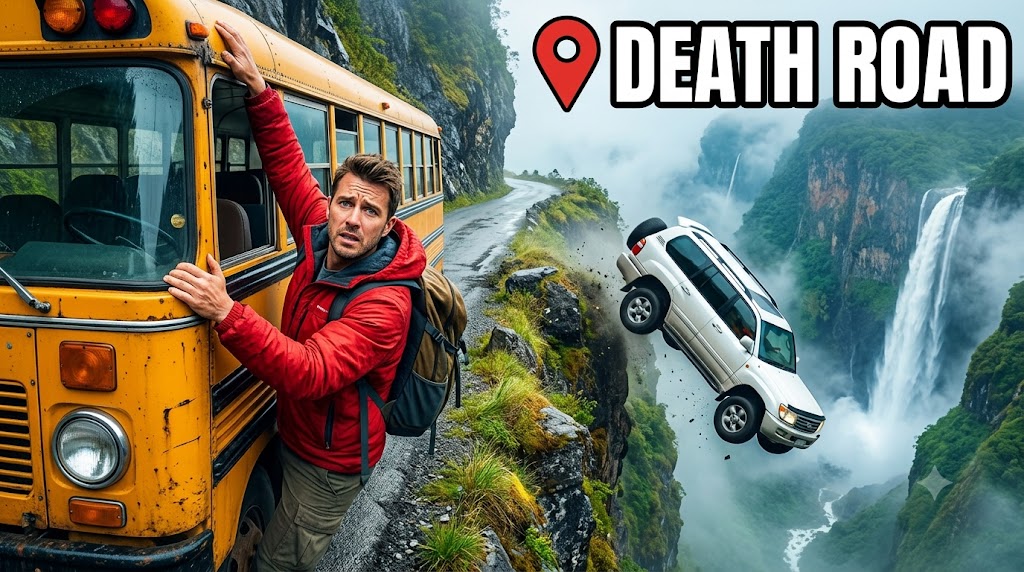 AI-generated example result for the youtube-thumbnail prompt: Travel & Adventure Vlog – "LOCATION / TITLE TEXT: e.g., DEATH ROAD" | Travel And Adventure Vlog Youtube Thumbnail AI YouTube Thumbnail Prompt