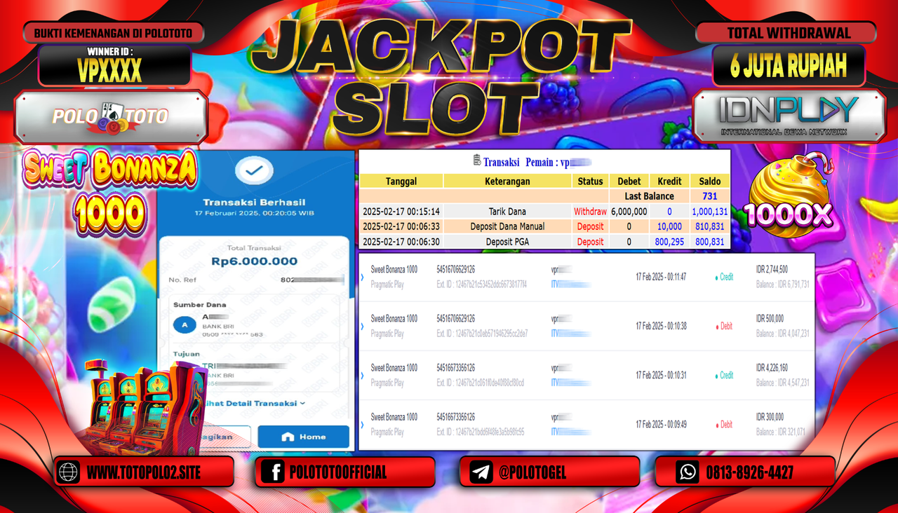 POLOTOTO JACKPOT SLOT SWEET BONANZA 1000 Rp.6.000.000,-