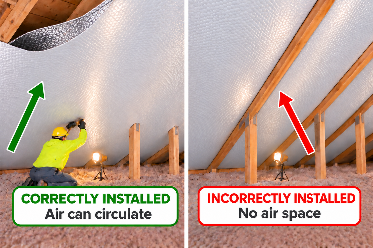 Radiant barrier installation comparison: correct installation with air space on the left, incorrect installation with no air space on the right