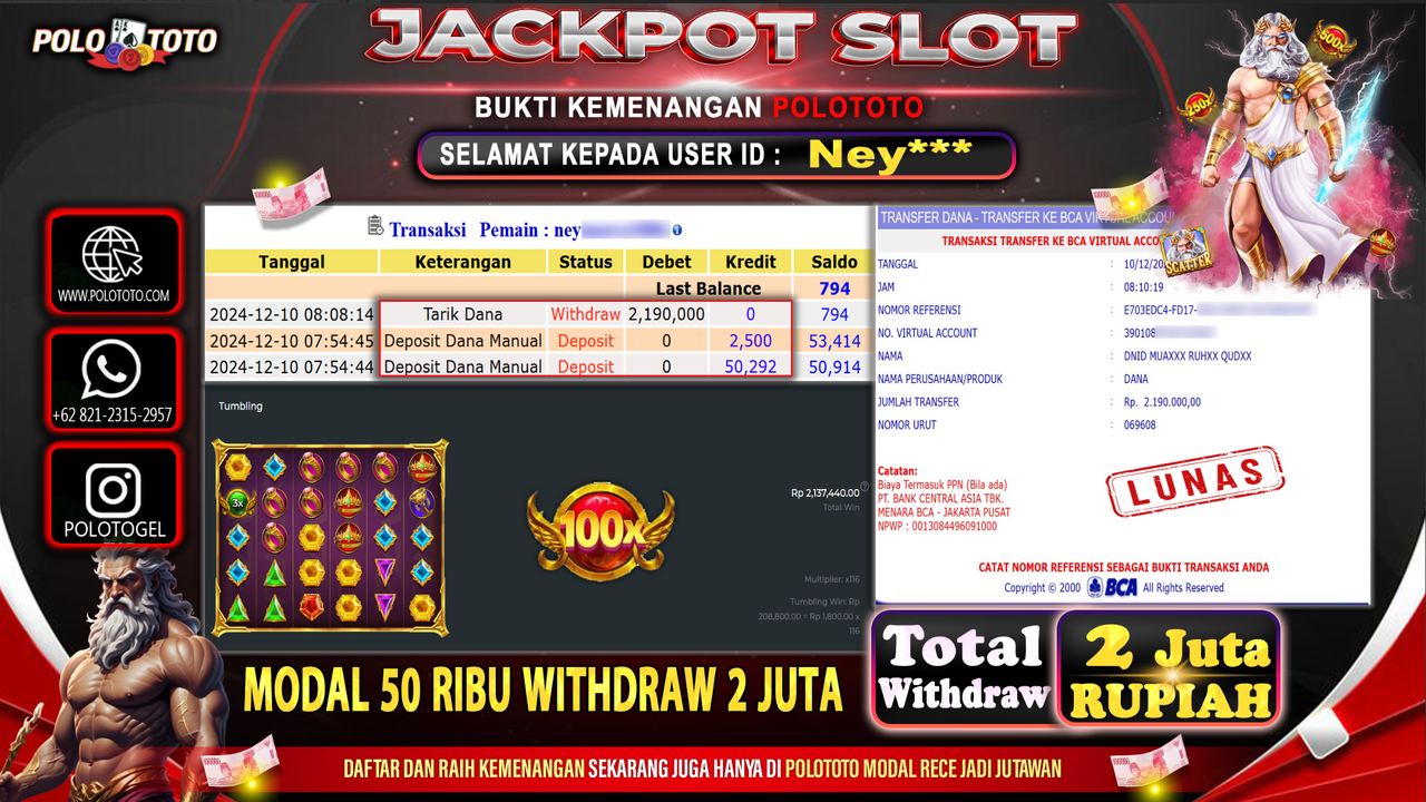 POLOTOTO JACKPOT SLOT GATES OF OLYMPUS Rp.2,190.000,-