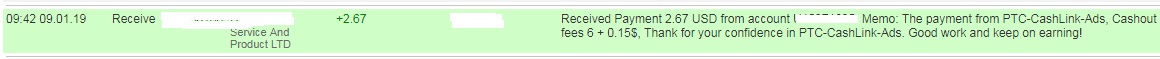 1st payment from Ptc-cashlink-ads ( 2,67$ ) Ptc-cashlinkpayment