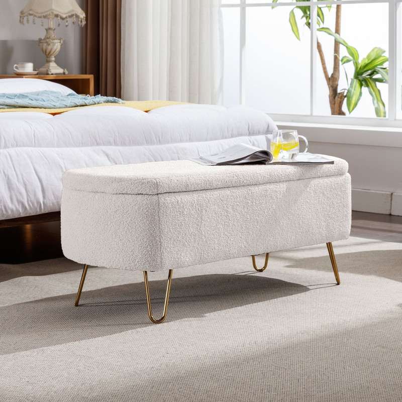 Ivory White Faux Fur Storage Ottoman Bench with Gold Legs for Bedroom and