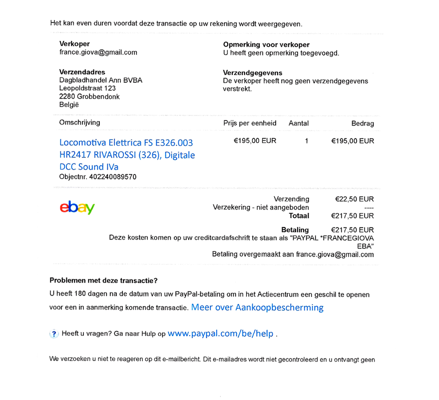 Ebay - ordine 402240089570 - Rivarossi Art HR2417 - FS - E326 003 Locomotiva Eletrica