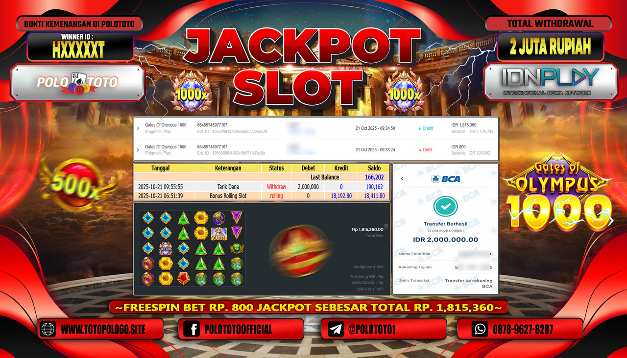 POLOTOTO JACKPOT SLOT GATES OF OLYMPUS 1000 Rp.2.000.000,- LUNAS