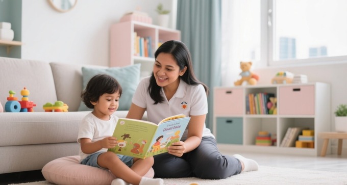 Filipina nanny teaching a young child